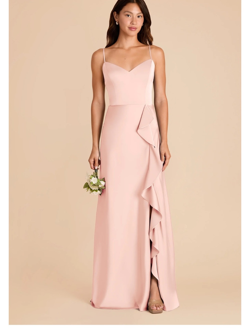 Birdy Grey Blush Pink Spaghetti Strap Ruffle Maxi Dress